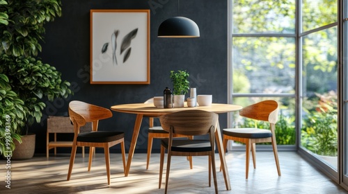 Modern dining room interior with a wooden table, chairs, and a black pendant lamp.