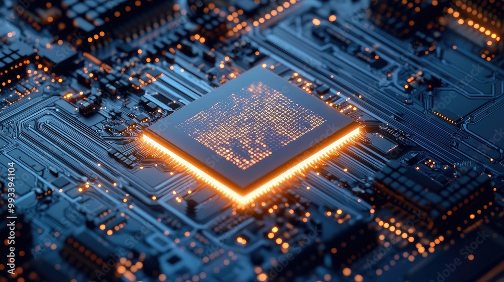 AI microchip glowing brightly on a high-tech circuit board, set against a blue digital background. Ideal for illustrating future technologies and computing power. AI microchip glowing brightly on a high-tech circuit board, set against a blue digital background. Ideal for illustrating future technologies and computing power.