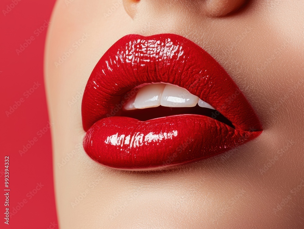 Obraz premium Woman with Glossy Red Lipstick on Smooth Lips