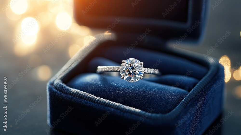 An elegant diamond ring in a luxurious blue velvet jewelry box, with light reflecting off the diamondaes facets and the velvetaes rich texture. An elegant diamond ring in a luxurious blue velvet jewelry box, with light reflecting off the diamondaes facets and the velvetaes rich texture.