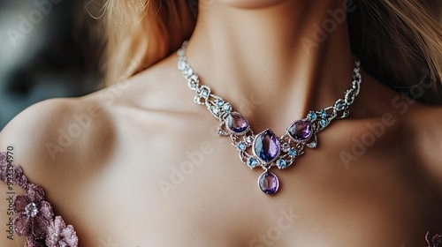 An elegant silver necklace with amethyst and aquamarine gemstones worn by a woman in a formal dress, with the gemstones catching the light beautifully.