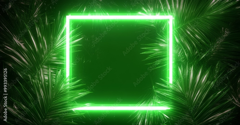 The image shows leaves over a blue neon rectangle on a black background The image shows leaves over a blue neon rectangle on a black background