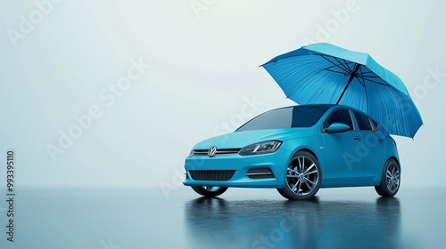 Blue car protected by an umbrella symbolizing insurance coverage