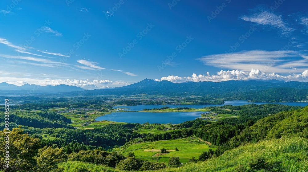 Obraz premium An elevated view from Kurumayama Plateau on a clear day, showing off the vibrant greenery and the shimmering Lake Shirakaba in the distance.
