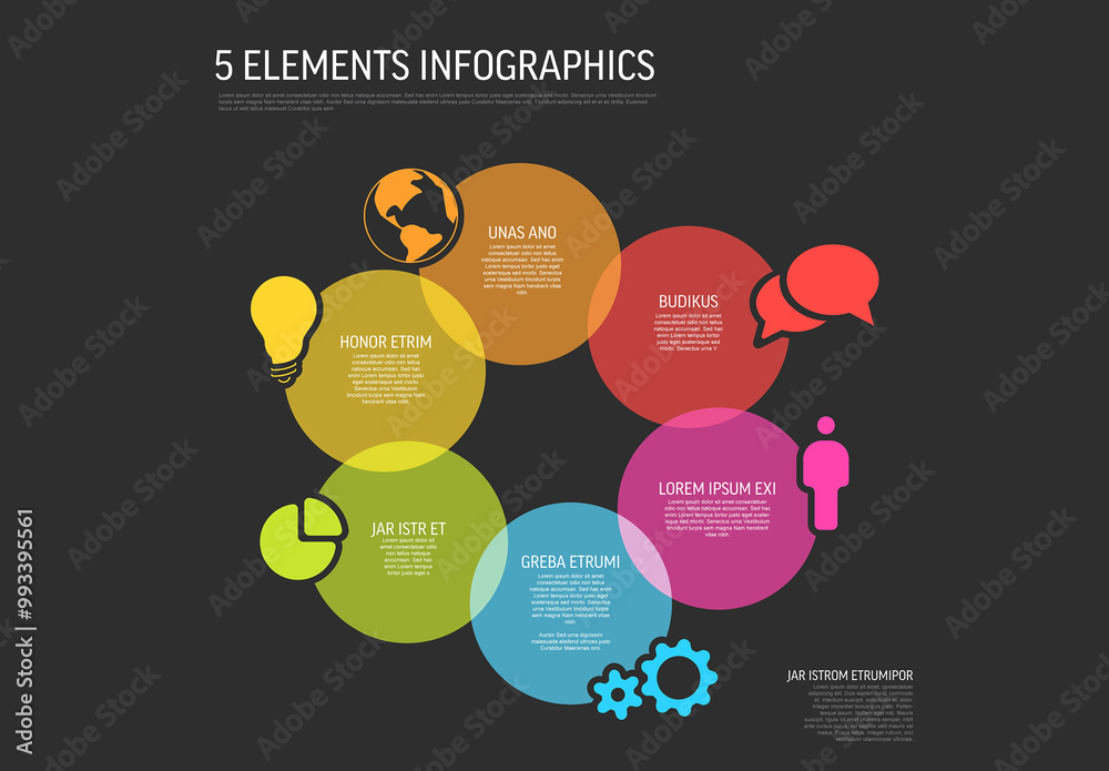 Simple semi transparent cycle infographic with six circles icons and descriptions on dark background