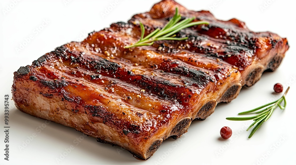 Close-up of Glazed and Grilled Pork Ribs with Rosemary and Peppercorns Close-up of Glazed and Grilled Pork Ribs with Rosemary and Peppercorns