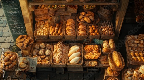 An overhead view of a Paris market stall filled with baskets of authentic French bread, surrounded by other delicious local products.