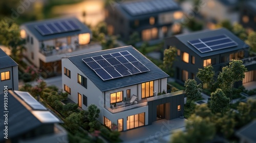 A miniature model of a modern house with solar panels on the roof, surrounded by trees and other houses. The house is lit up from within, creating a warm and inviting atmosphere.