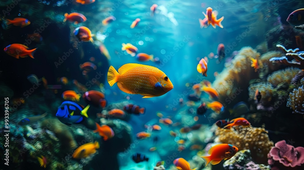A Vibrant Orange Fish Swimming Among Coral and Other Fish in a Blue Aquarium A Vibrant Orange Fish Swimming Among Coral and Other Fish in a Blue Aquarium