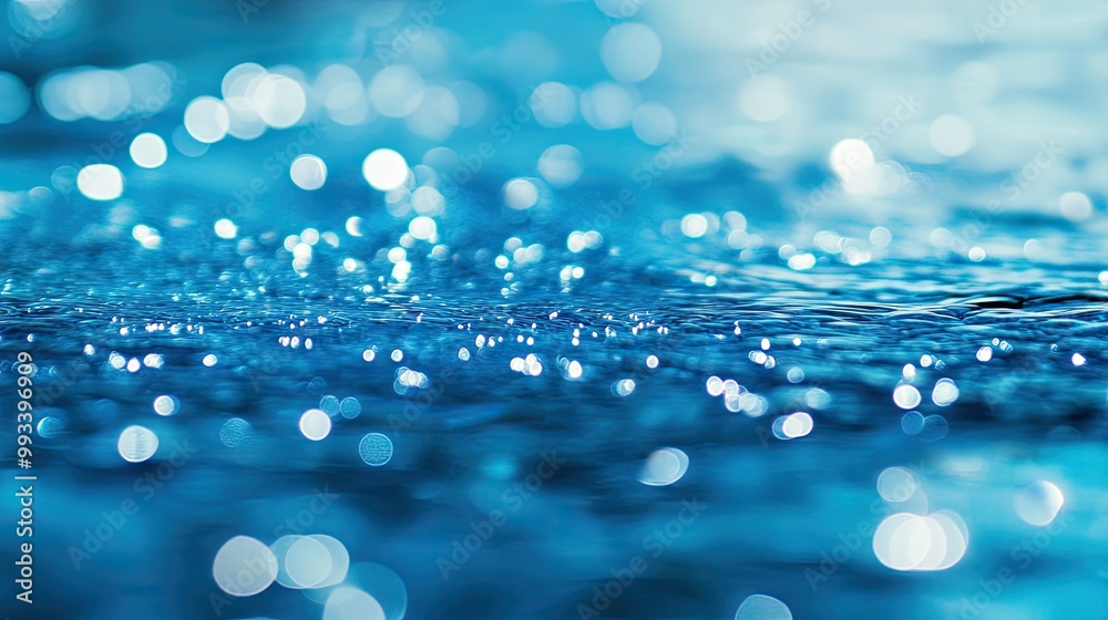 Blurred and defocused close-up of blue water with tiny bubbles, gentle ripples, and shimmering light reflections, creating a calming and serene atmosphere. Blurred and defocused close-up of blue water with tiny bubbles, gentle ripples, and shimmering light reflections, creating a calming and serene atmosphere.