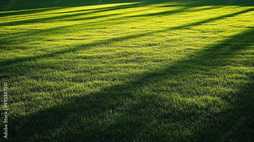 Obraz premium Bright green grass in a wide field, perfect for nature backgrounds or sports turf. The freshly mowed lawn captures the essence of spring outdoors.