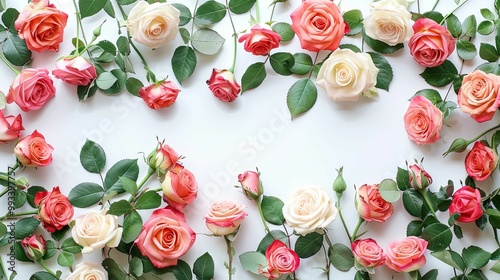 Pink and White Roses with Green Leaves Arranged in a Frame on a White Background