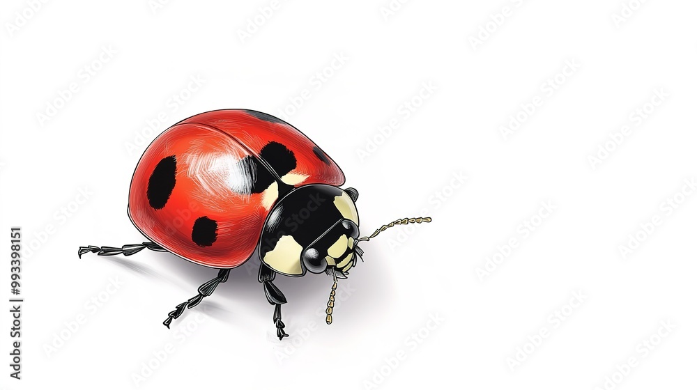 A charming cartoon-style illustration of a ladybug against a clean white background. This full-view image showcases the ladybug's distinct red shell adorned with black spots A charming cartoon-style illustration of a ladybug against a clean white background. This full-view image showcases the ladybug's distinct red shell adorned with black spots