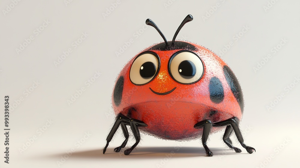 Fototapeta premium A charming cartoon-style illustration of a ladybug against a clean white background. This full-view image showcases the ladybug's distinct red shell adorned with black spots
