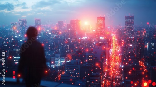 a breathtaking night view of a bustling city skyline illuminated by glowing digital networks crisscrossing through the buildings symbolizing advanced urban technology