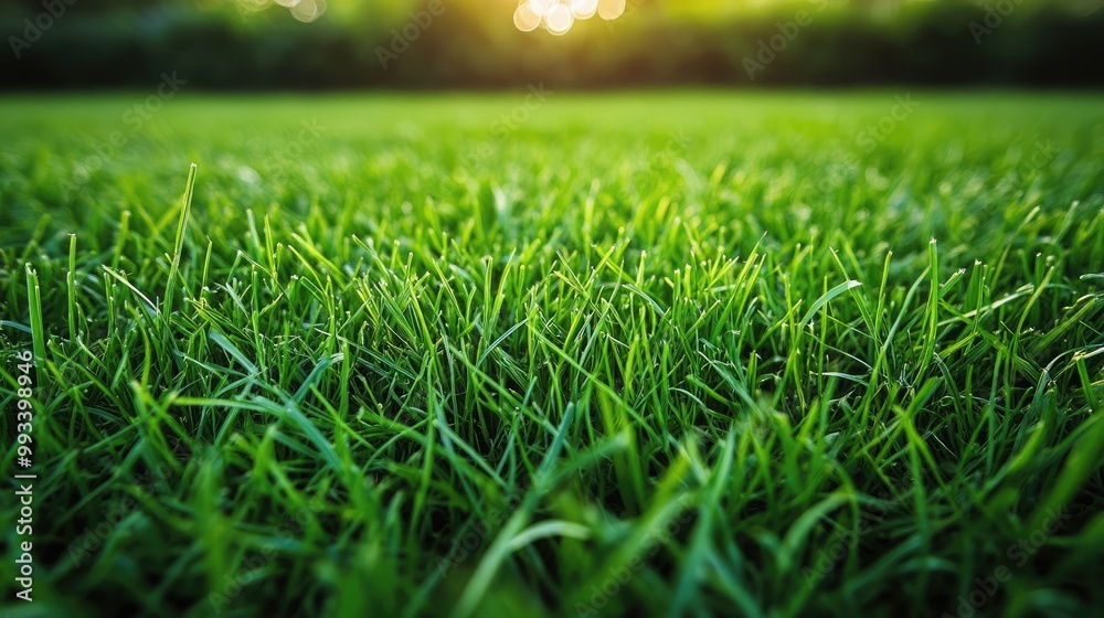 Fototapeta premium Close-up of fresh, green grass blades on a sunny day. The lawn is perfectly mowed, creating a serene, natural background for park or garden scenes.