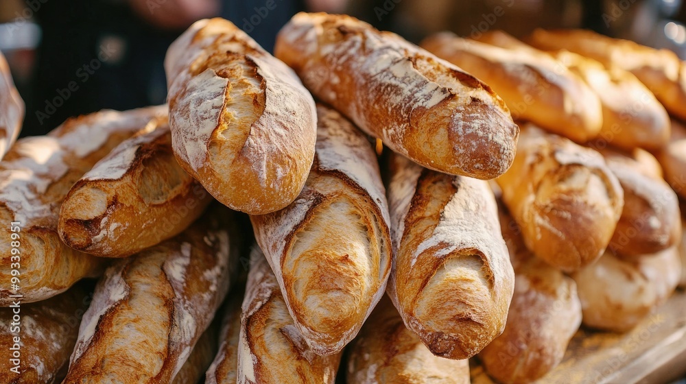 Close-up of crusty French baguettes being stacked by a vendor at a Paris market, with the smell of fresh bread filling the air. Close-up of crusty French baguettes being stacked by a vendor at a Paris market, with the smell of fresh bread filling the air.
