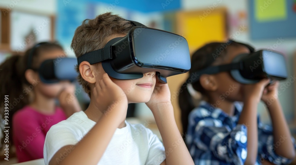 Young boy wearing a VR headset, smiling, in a classroom. Young boy wearing a VR headset, smiling, in a classroom.
