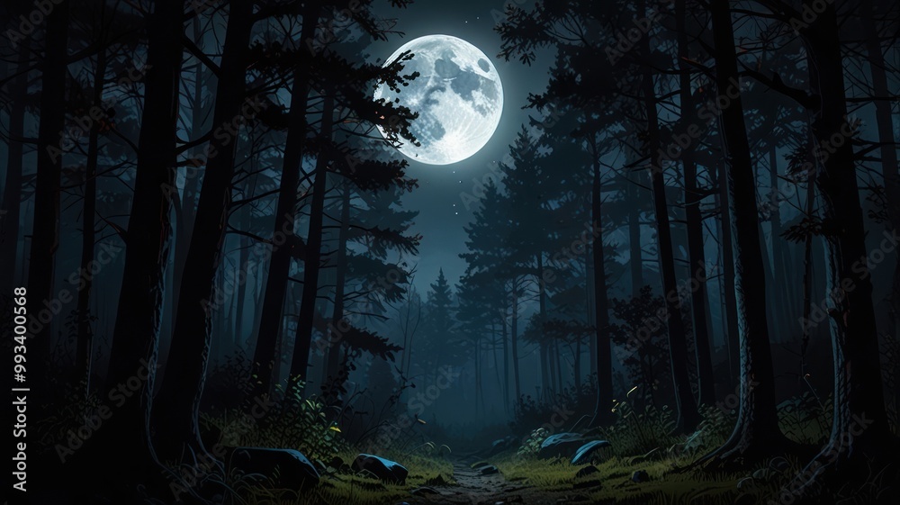 landscape illustration of a middle of the forest amosphere in the night view full moon with mist and trees landscape illustration of a middle of the forest amosphere in the night view full moon with mist and trees