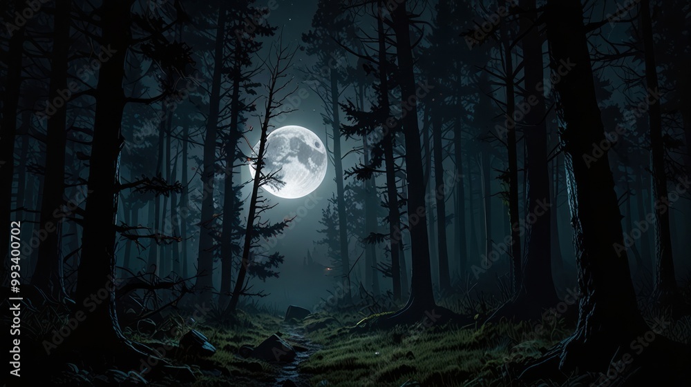 Fototapeta premium landscape illustration of a middle of the forest amosphere in the night view full moon with mist and trees