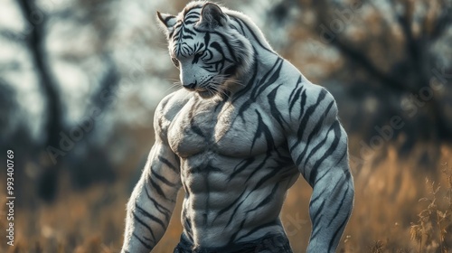 A muscular man with white tiger stripes stands in a field of tall grass.