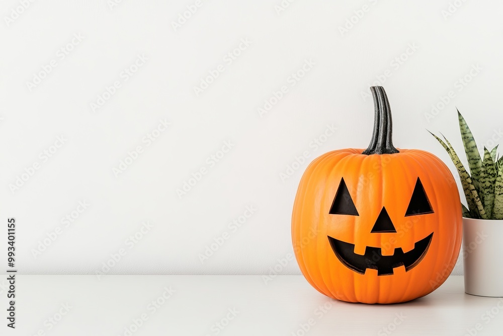 The halloween pumpkin is decorated with spiders and black candles with a modern wooden cabinet in the background. The living room is decorated for the holidays. The halloween pumpkin is decorated with spiders and black candles with a modern wooden cabinet in the background. The living room is decorated for the holidays.