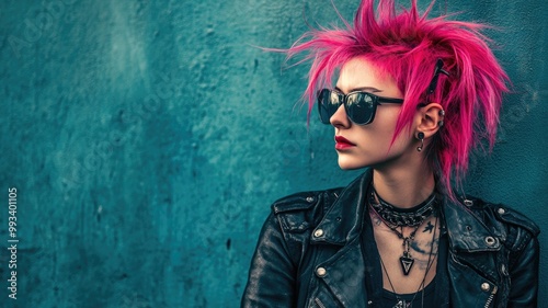 Young woman with neon pink hairstyle, wearing sunglasses and black leather jacket, embodying punk rock style
