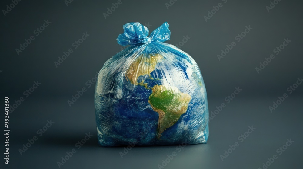 Earth Globe Inside Plastic Bag on Blue Background.