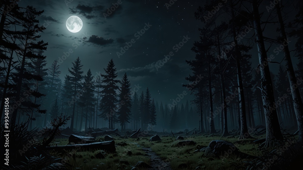 landscape illustration of a middle of the forest amosphere in the night view full moon with mist and trees landscape illustration of a middle of the forest amosphere in the night view full moon with mist and trees
