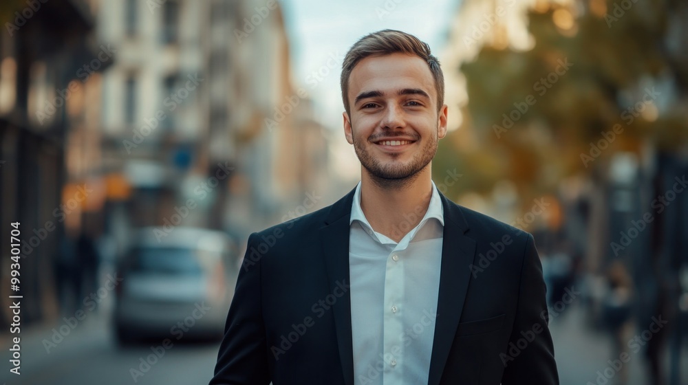Smiling young man wearing a suit standing in the city with a blurred background. Smiling young man wearing a suit standing in the city with a blurred background.