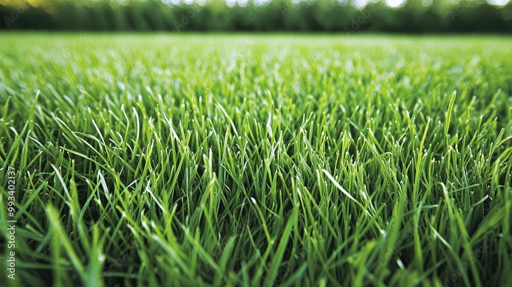 Fototapeta premium Close-up view of lush green grass texture, showcasing a vibrant lawn in spring. The freshly mowed surface creates a perfect nature backdrop or sports turf setting.