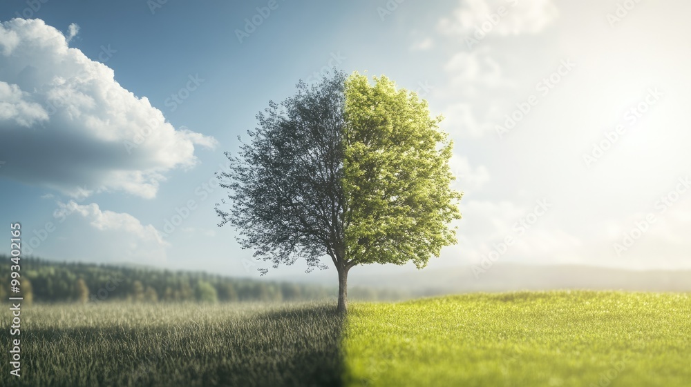 Obraz premium Tree symbolizing contrast between summer and winter seasons, split into two halves
