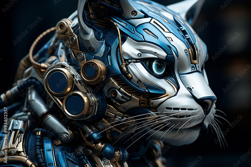 Portrait of a white and blue cybernetic cat, close up Portrait of a white and blue cybernetic cat, close up