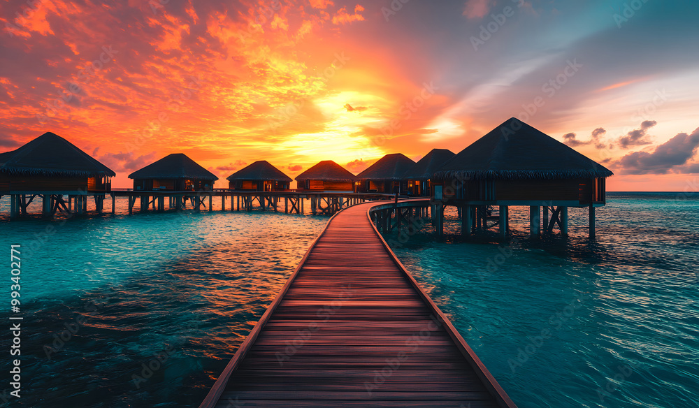 Tropical Sunset Overwater Bungalows with Scenic Boardwalk Design Tropical Sunset Overwater Bungalows with Scenic Boardwalk Design