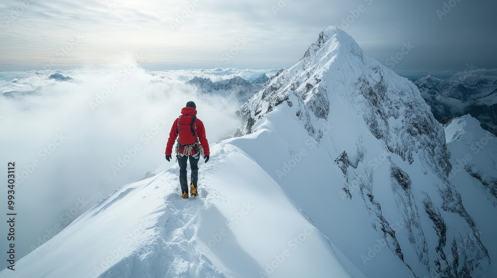 Climber in red jacket trekking through the snowy Alps under bright sunlight Climber in red jacket trekking through the snowy Alps under bright sunlight