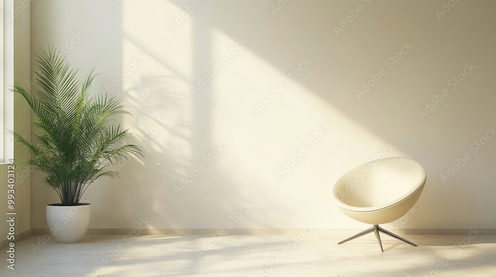 Modern interior with minimalist design featuring a chair and a potted plant. Modern interior with minimalist design featuring a chair and a potted plant.