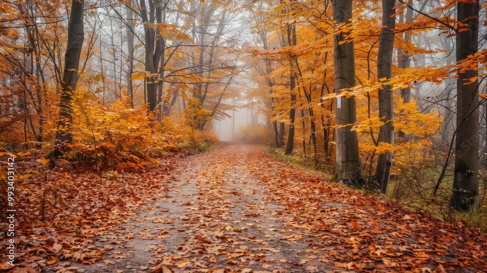 Obraz premium Serene forest path in autumn, adorned with colorful foliage and a gentle mist over fallen leaves.