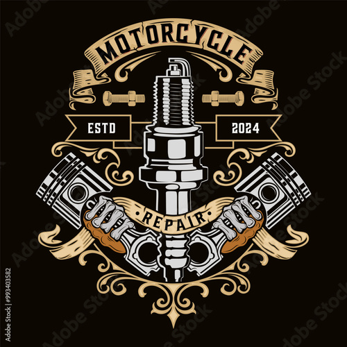 workshop logo, wrench piston gear engine skull ribbon decoration vintage style for car or motorcycle workshop.