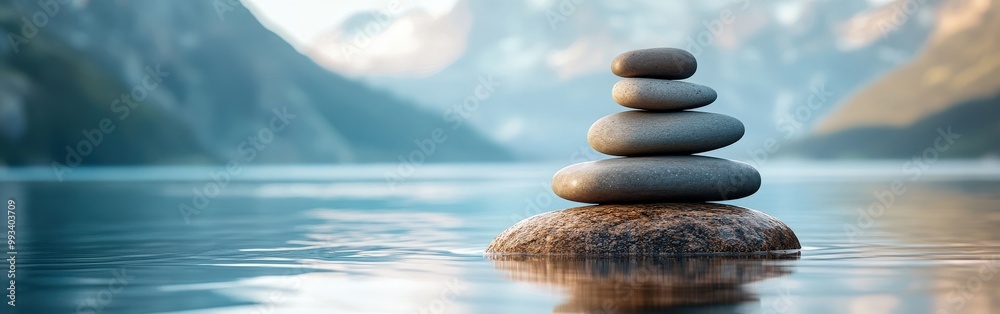 Balanced stones on serene lakeside with misty mountain background Balanced stones on serene lakeside with misty mountain background