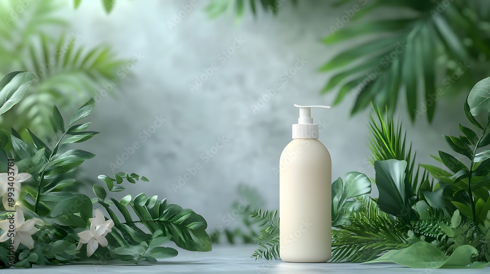 White Pump Bottle Surrounded by Lush Green Foliage White Pump Bottle Surrounded by Lush Green Foliage