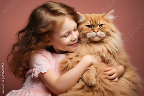 Golden haired beautiful caucasian little girl hugging fluffy ginger cat on peach colored background.