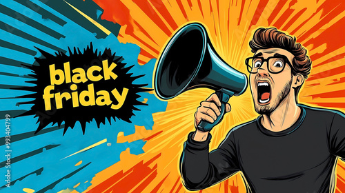 Funny portrait of an emotional guy with a megaphone. Black Friday, Discount, sale season. Information concept. Attention news.