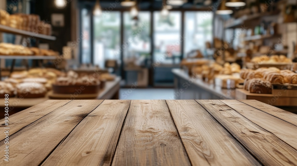 Empty wooden board table in the foreground with a blurred bakery shop in the background. Perfect for showcasing delicious baked goods or bakery-related visuals. Empty wooden board table in the foreground with a blurred bakery shop in the background. Perfect for showcasing delicious baked goods or bakery-related visuals.