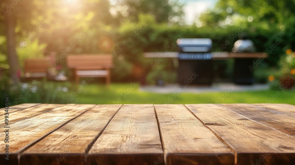 Empty wooden table in the foreground with a blurred BBQ setup in the background. Perfect outdoor scene for showcasing backyard gatherings and grilling activities. Empty wooden table in the foreground with a blurred BBQ setup in the background. Perfect outdoor scene for showcasing backyard gatherings and grilling activities.