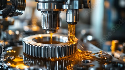 Close-up of a metal gear being lubricated with oil in a factory setting.