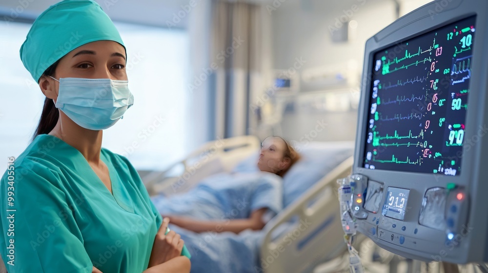 Female nurse in surgical attire monitoring a patient in the ICU Female nurse in surgical attire monitoring a patient in the ICU