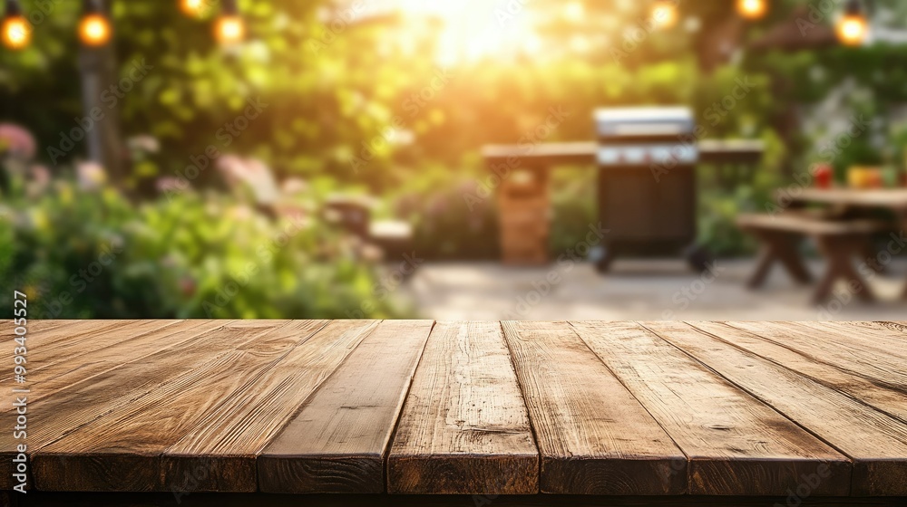 Empty wooden table with blurred BBQ grill and patio area in the background, creating a cozy outdoor cooking atmosphere for backyard parties. Empty wooden table with blurred BBQ grill and patio area in the background, creating a cozy outdoor cooking atmosphere for backyard parties.