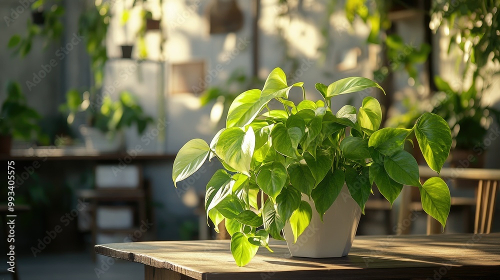 Epipremnum aureum, also known as golden green pothos, gracefully draping over a table in a well-lit room, ideal for home and garden design. Epipremnum aureum, also known as golden green pothos, gracefully draping over a table in a well-lit room, ideal for home and garden design.