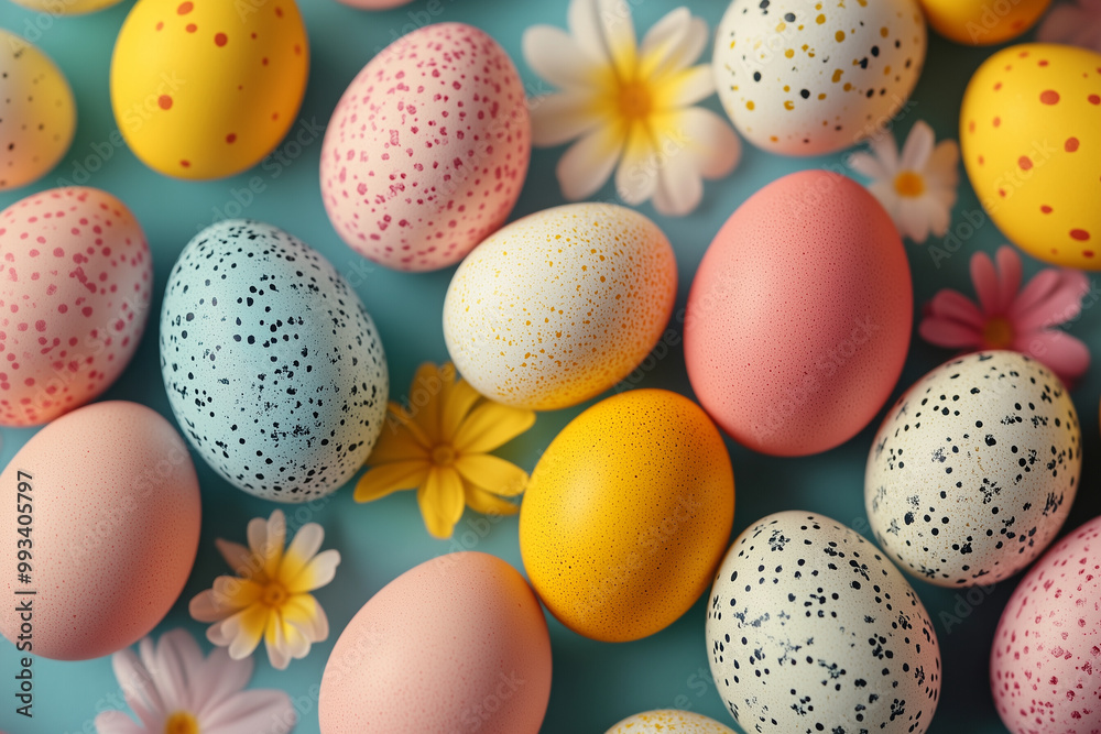 Easter eggs, flowers, background, blue, yellow and pink tones, colorful, happy decoration, top view. Easter eggs, flowers, background, blue, yellow and pink tones, colorful, happy decoration, top view.