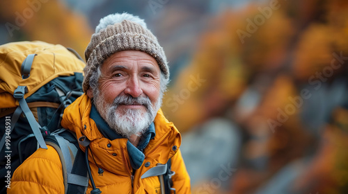 portrait of senior man hiking in autumn mountains, active lifestyle. 